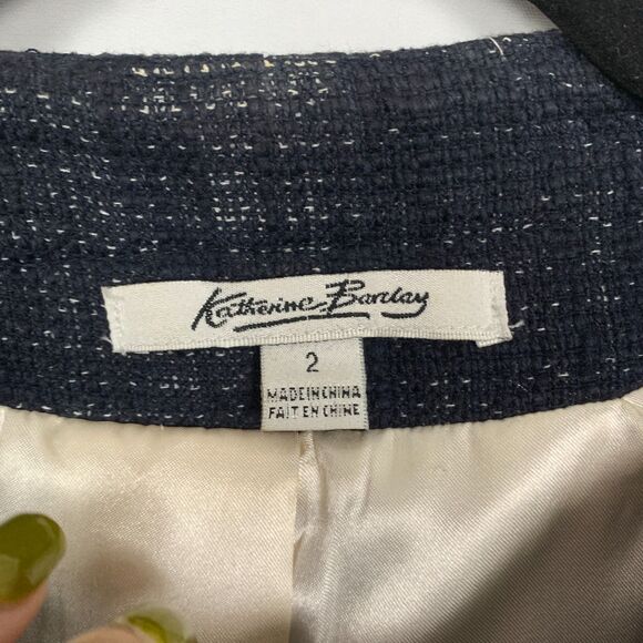 KATHERINE BARCLAY Navy Blue Tweed Cotton Linen Lined Blazer Jacket Size 2 Chic - Picture 3 of 7